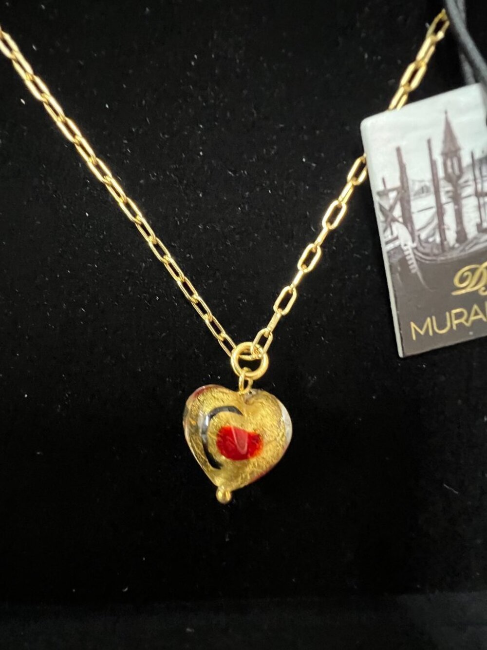 Murano Glass Red Gold Heart Pendant Paper Clip Chain 14KGP Sterling Silver Italy